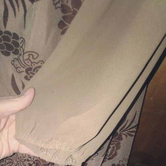 She + Sky Tan with Brown Floral Sheer Long Sleeve Short Lined Shift Dress Medium - Picture 6 of 9